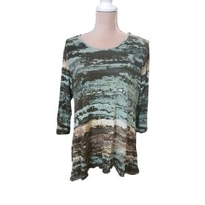 LOGO Women's Tunic Top 3/4 Sleeve Abstract Print Green Brown Stretch Large